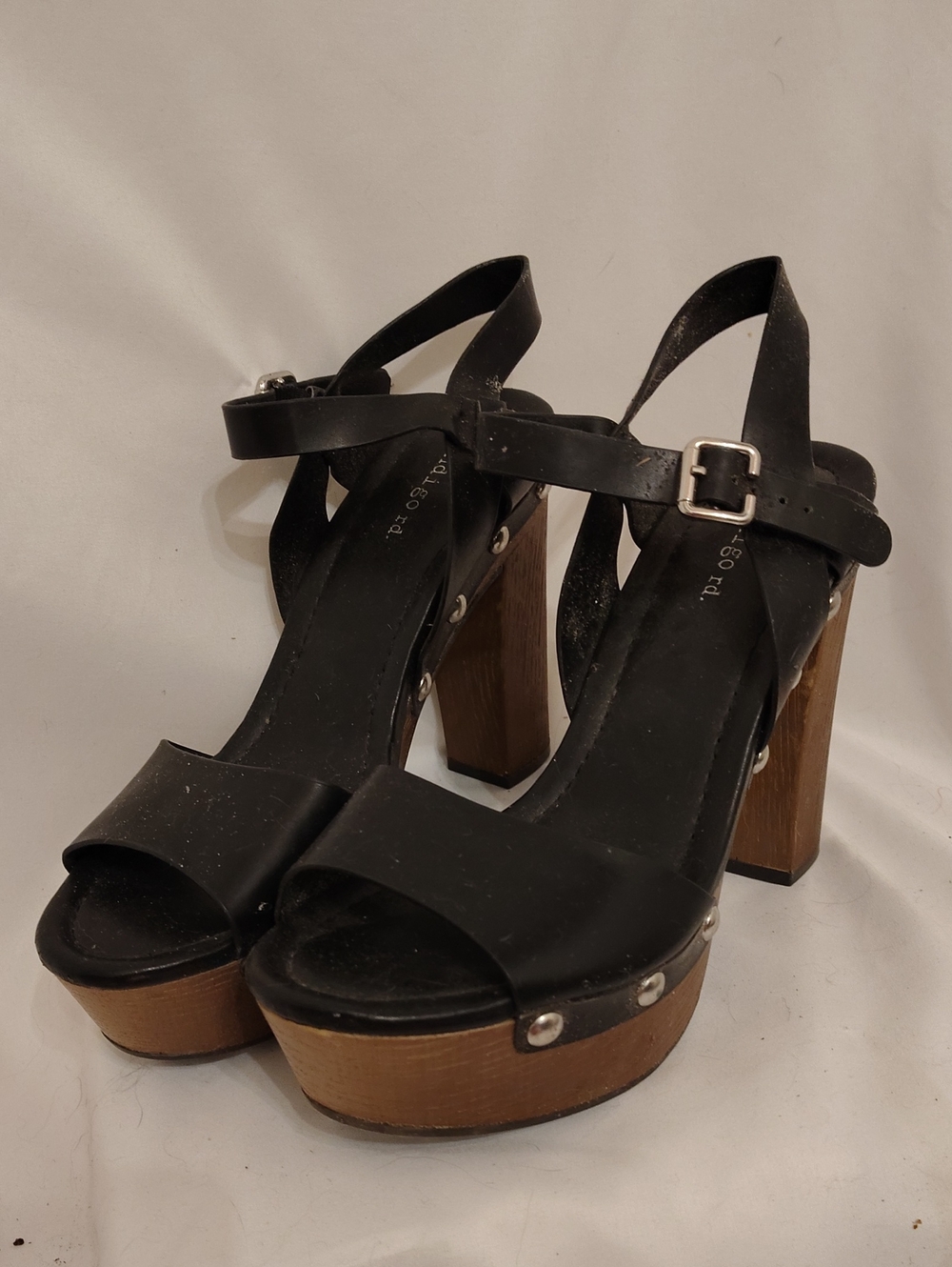 Indigo Black Platform Block Heel Sandals with Wood-Look Sole